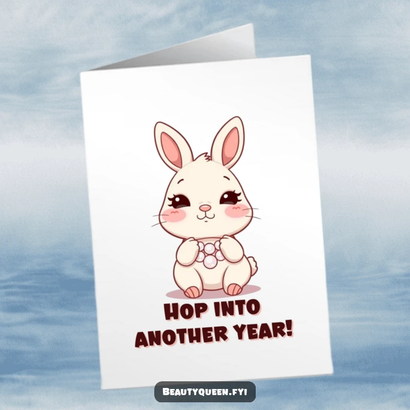 Funny Free Printable Birthday Card: A rosy-cheeked bunny wiggles its nose while admiring its glamorous pearl necklace, ready for a birthday bash.