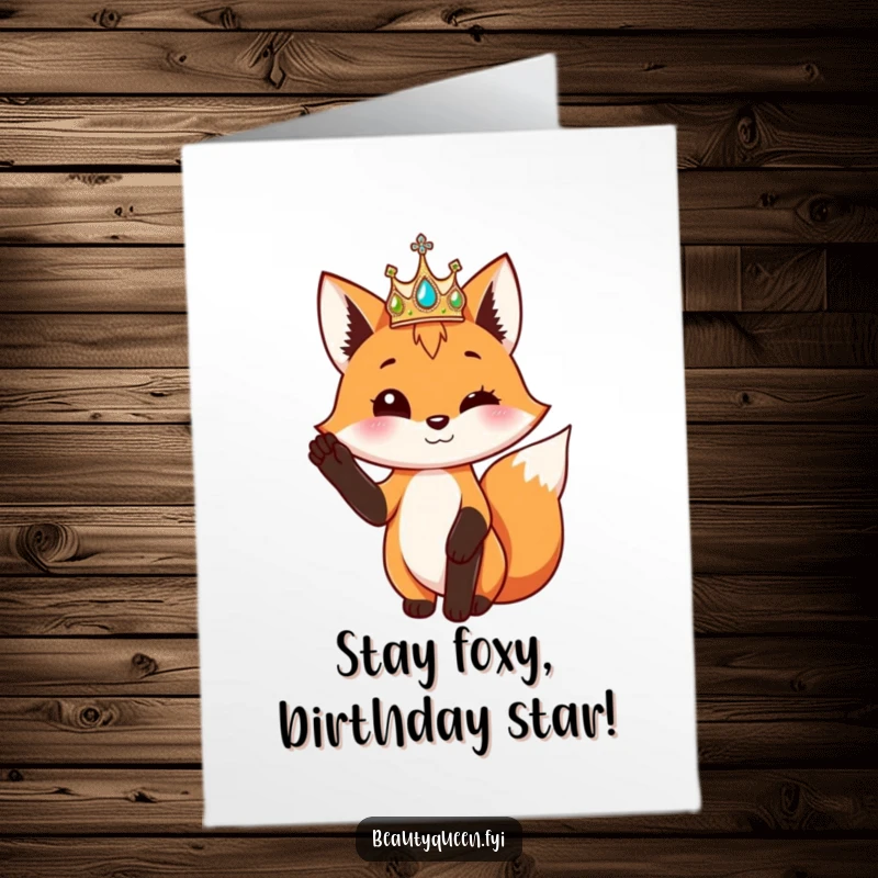 Funny Free Printable Birthday Card: A playful fox in a shimmering crown poses elegantly, ready to celebrate your big day.