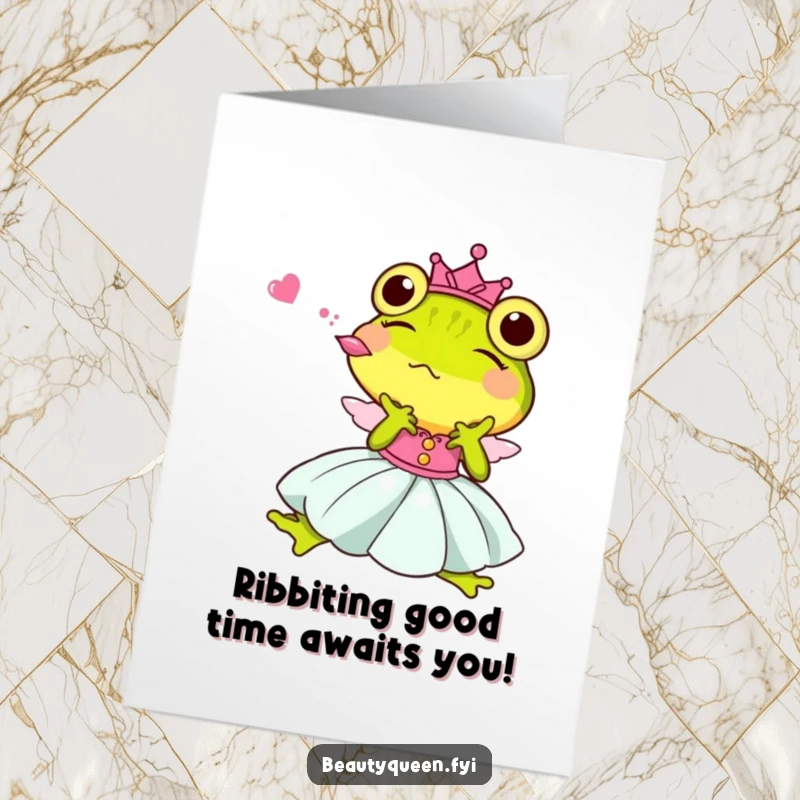 Funny Free Printable Birthday Card featuring a gleeful frog princess in a dress blowing a kiss with joy.