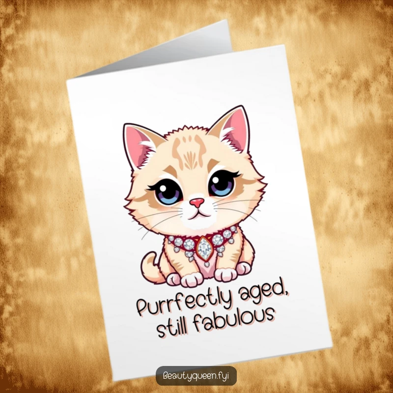 Funny Free Printable Birthday Card of a majestic cat wearing a glittering rhinestone collar, looking fabulous and ready to party.
