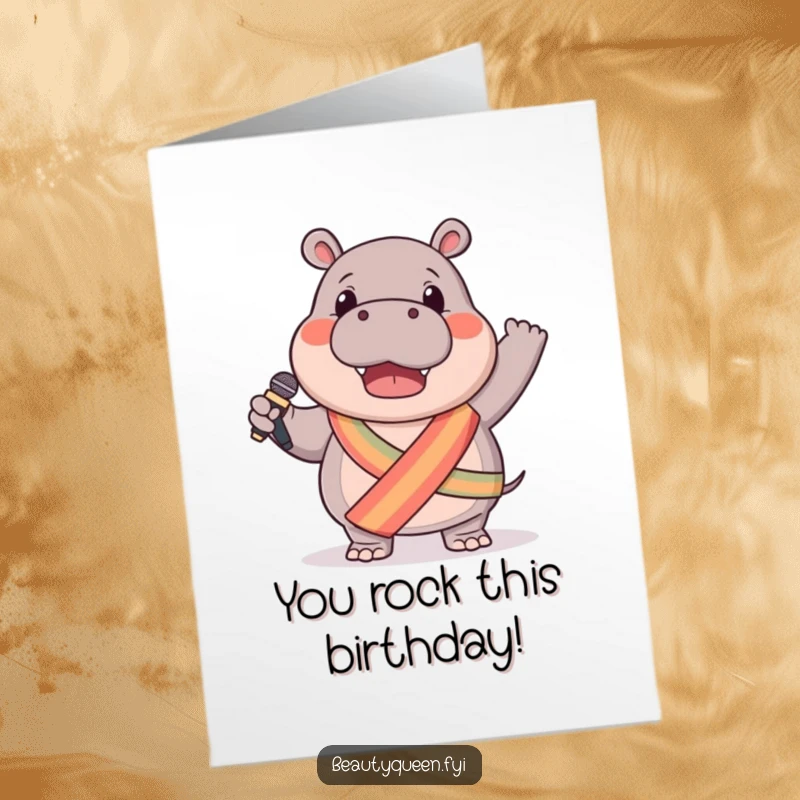 Funny Free Printable Hippo Birthday Card: A hippo in a sash holding a microphone, waving like a pop star.