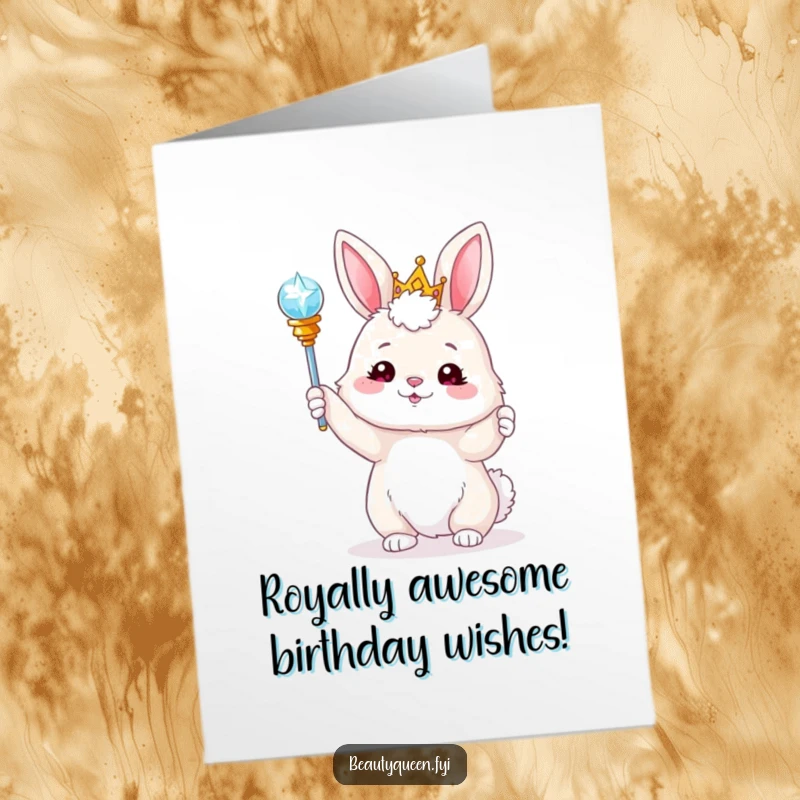 Funny Free Printable Birthday Card: A fluffy bunny in a tiara playfully tossing a sparkling scepter high, sending birthday wishes with downloadable sparkle.