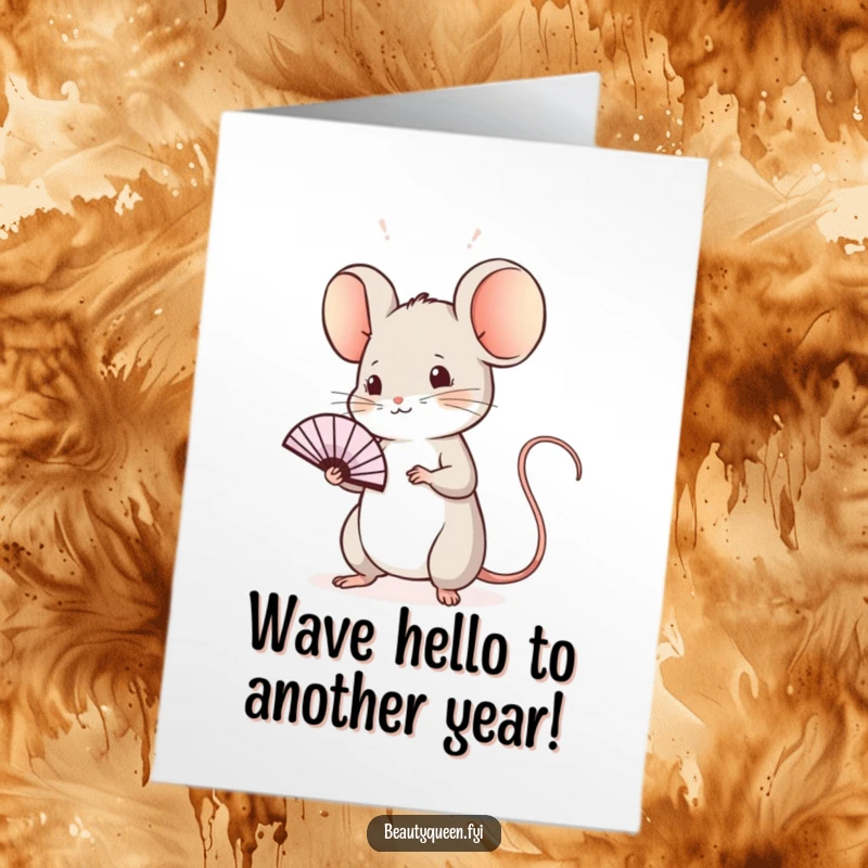 Funny Free Printable Birthday Card: A sweet mouse practices a regal wave with a tiny fan, celebrating their special day.