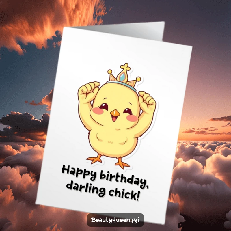 Funny Free Printable Birthday Card: Cheerful chick adjusting a tiny tiara, looking like a birthday queen.