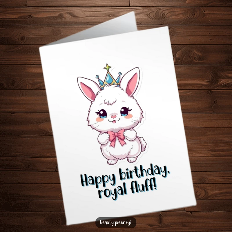 Funny Free Printable Birthday Card: Fluffy bunny in sparkly crown strikes a playful pose with a bow.