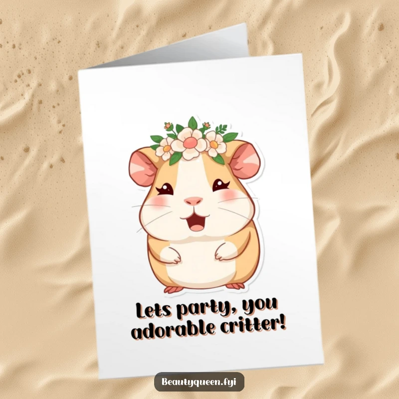 Funny Free Printable Birthday Card: A giggling guinea pig adorned with a floral crown winks enthusiastically, spreading birthday joy.