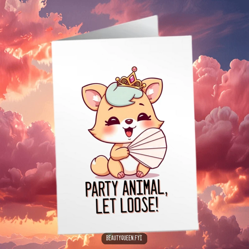 Funny Free Printable Birthday Card: Playful animal giggling behind a fan, tiara tilted, ready for a hilarious celebration.