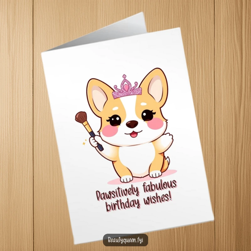 Funny Free Printable Birthday Card: Blushing Corgi queen in tiara, holding makeup brush, ready for a glamorous celebration.