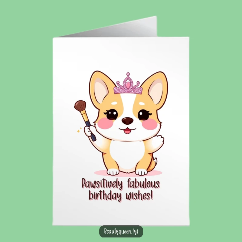 Free Printable Birthday Card: Funny Corgi Queen Makeup Lover - Downloadable Gift