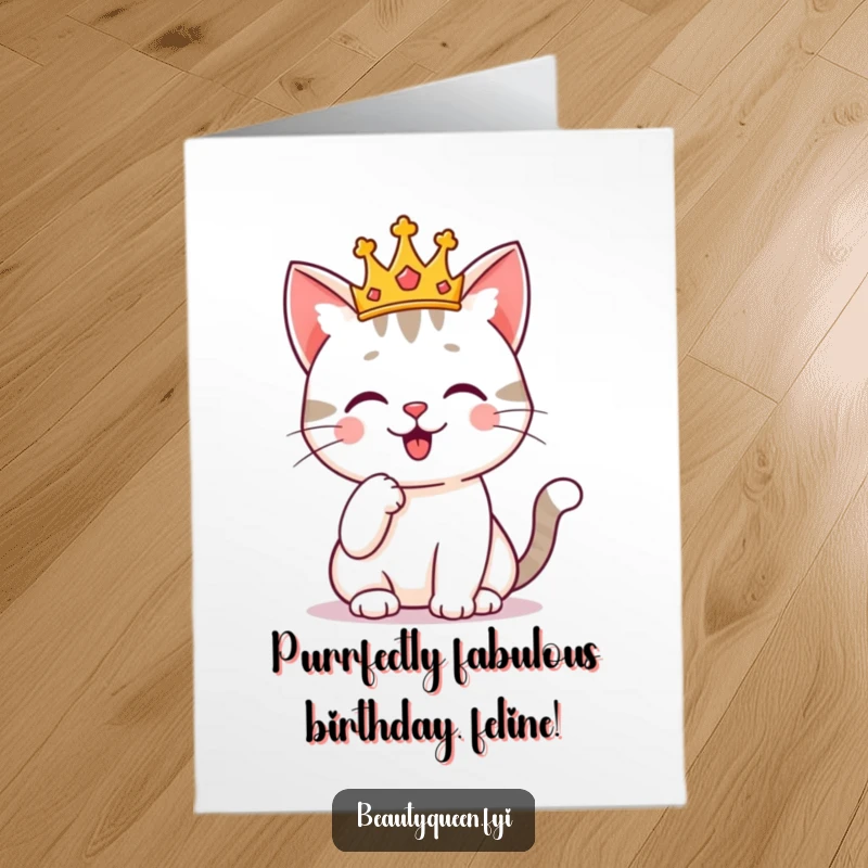 Funny Free Printable Birthday Card: A cheerful cat wearing a tiny crown poses with a paw on its chin, looking royally amused.