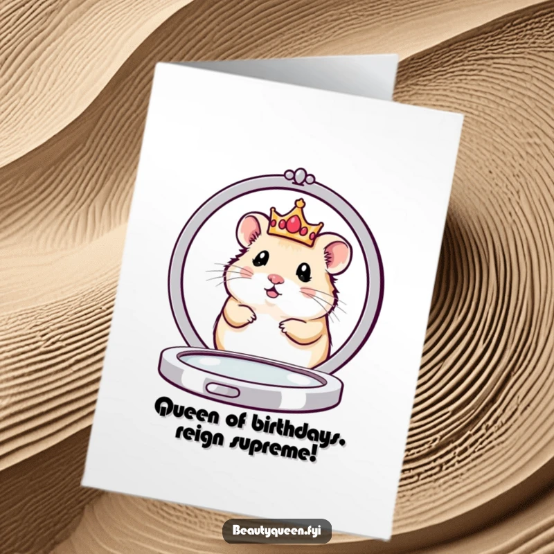 Funny Free Printable Birthday Card: Cute hamster queen in crown peeking from behind a large compact mirror, looking regal.
