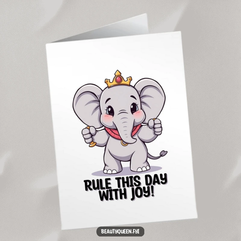Funny Free Printable Birthday Card: A charming elephant strikes a regal pose with a scepter, wishing royalty on their birthday.
