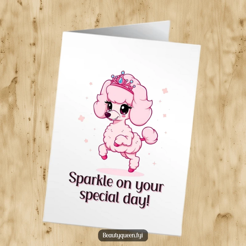 Funny Free Printable Birthday Card featuring a fluffy pink poodle wearing a tiara, prancing and scattering glitter for a joyous celebration.