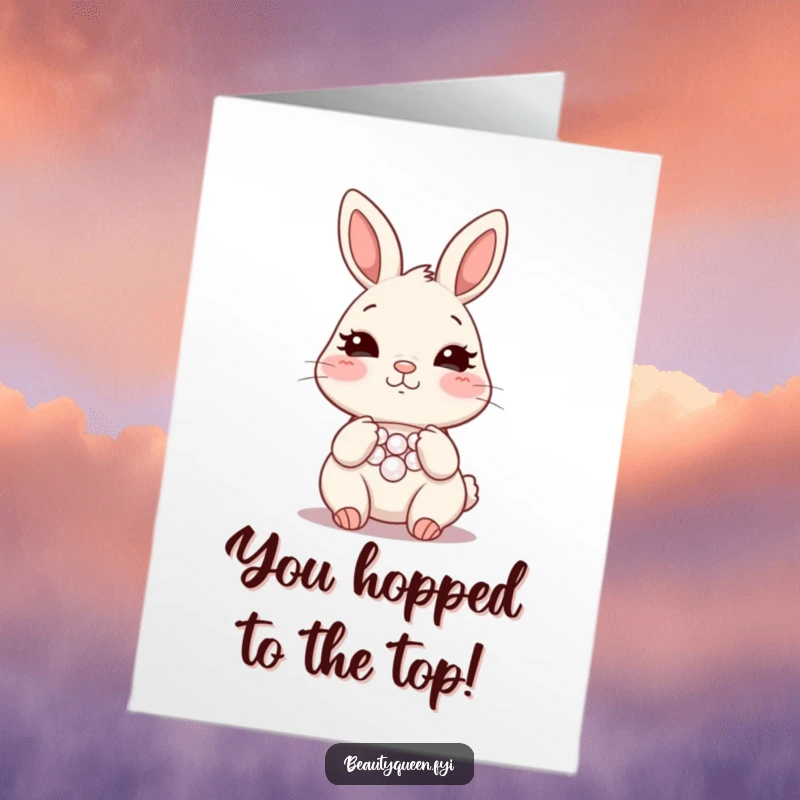 Funny Free Printable Congratulations Card: A blushing bunny adjusts its glamorous pearl necklace, wiggling its nose in celebration of an achievement.