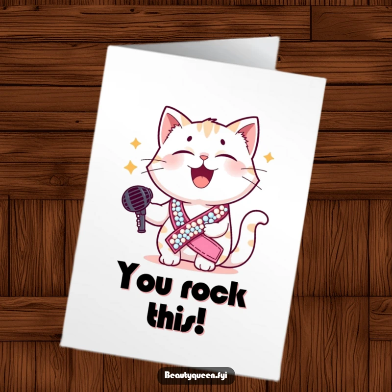 Funny Free Printable Congratulations Card: A giggling cat wearing a sequined sash and holding a microphone celebrates their success with downloadable cheer.