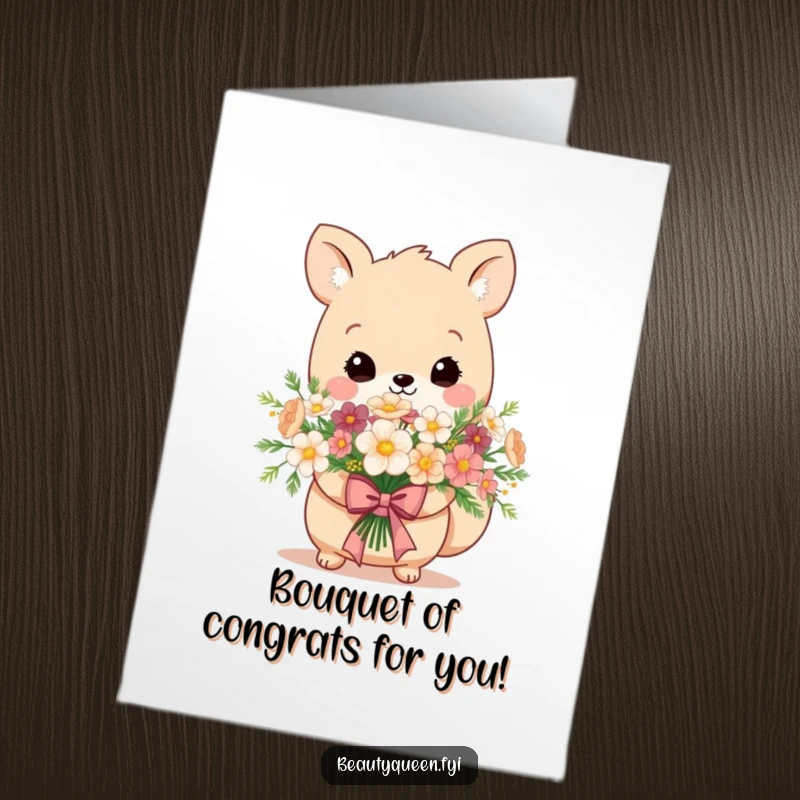 Funny Free Printable Congratulations Card features an adorable animal holding a flower bouquet with a regal bow, a charming way to say congrats.