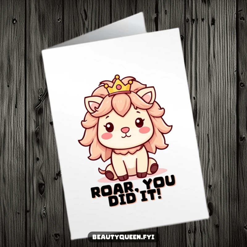 Free Printable Congratulations Card: Cheerful animal with fluffy mane and tiny crown, celebrating success with a smile.