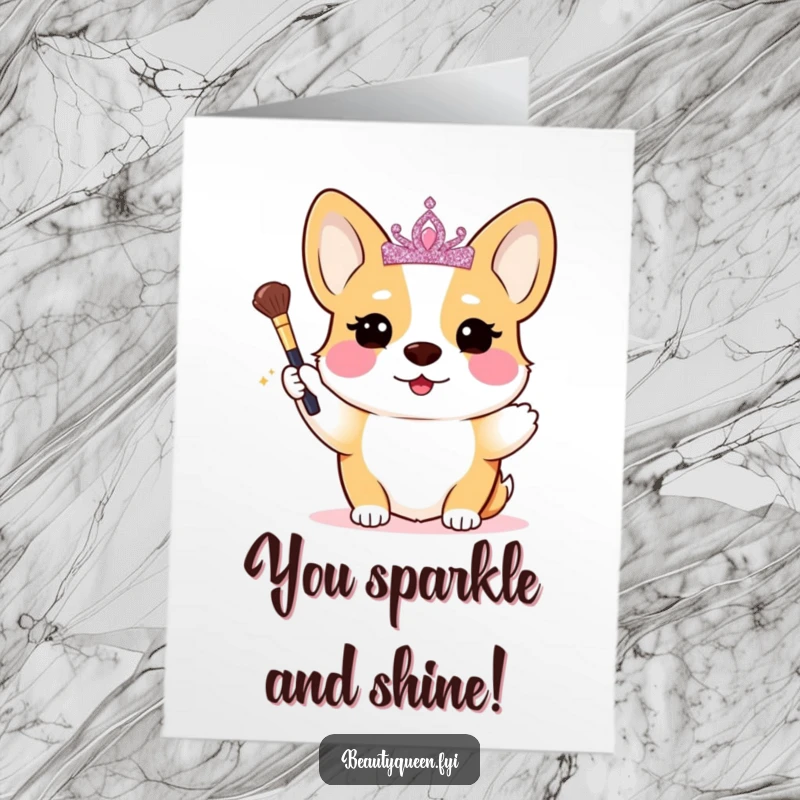 Funny Free Printable Congratulations Card: Blushing Corgi queen in tiara, holding makeup brush, celebrating a glamorous win.