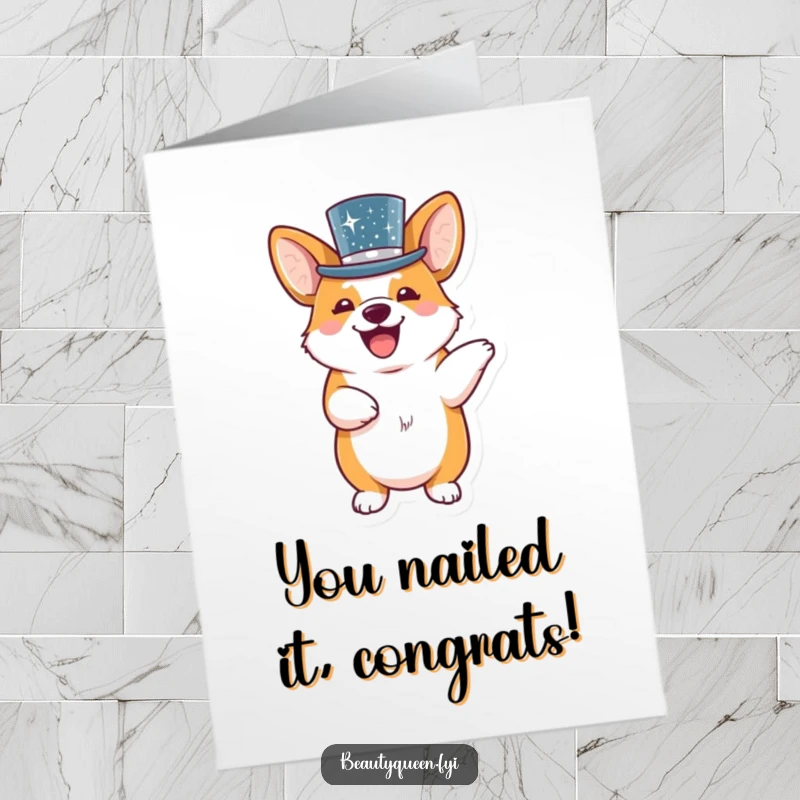 Free printable congratulations card featuring a happy, giggling corgi in a sequined top hat, busting a move to celebrate.