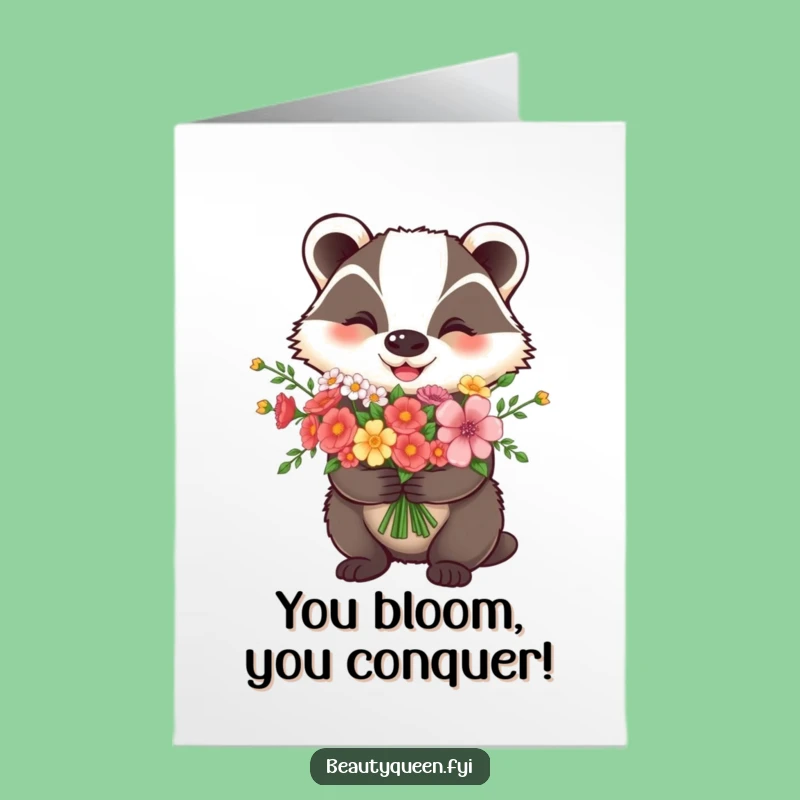 Free Printable Congrats Card: Joyful Badger Flower Bouquet Funny Downloadable Gift