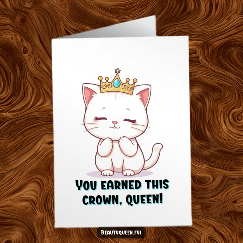Funny Free Printable Congratulations Card: A kawaii cat in a glittering crown attempts a graceful curtsy, celebrating success.