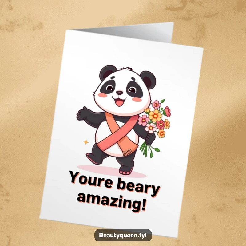 Funny Free Printable Congratulations Card: A smiling panda with a sash and flowers prances joyfully, a humorous downloadable card for success.
