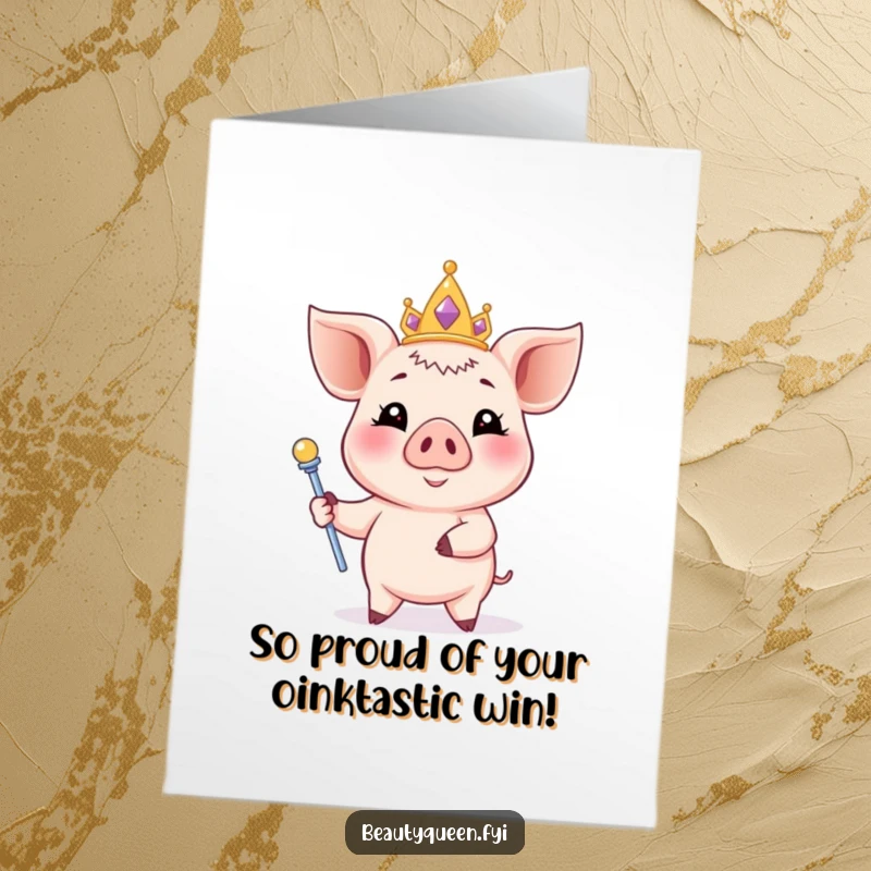 Funny Free Printable Congrats Card: smiling piglet, pastel tiara, posing elegantly, scepter, downloadable art, DIY gift.