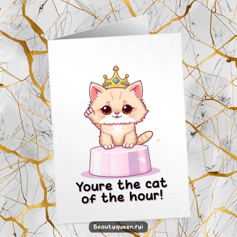 Funny Free Printable Congratulations Card: A fluffy cat donned with a small crown, striking a majestic pose on a glittering pedestal to signify triumph.