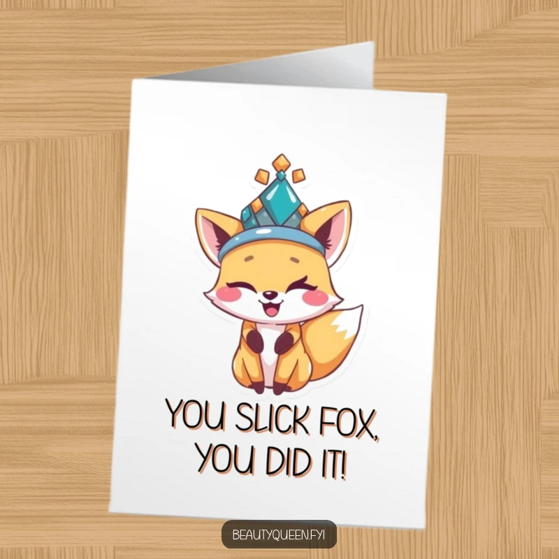 Funny Free Printable Congratulations Card: A dapper fox sporting a jeweled hat winks slyly with excitement.