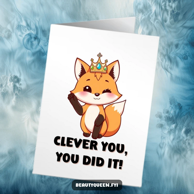 Funny Free Printable Congrats Card: A playful fox with a shimmering crown raises a paw in triumphant celebration.