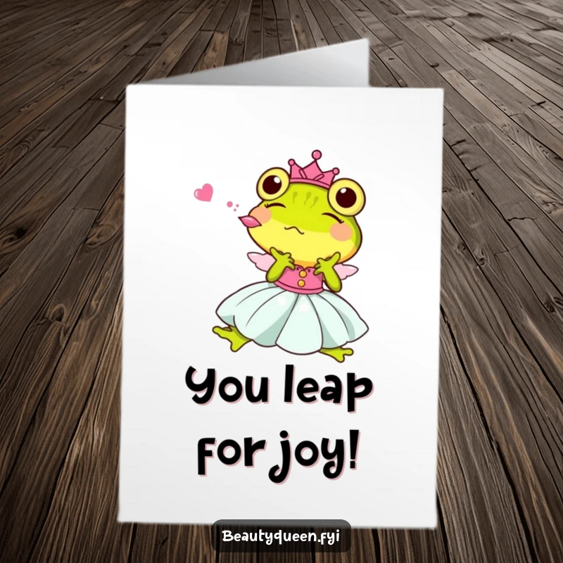 Funny Free Printable Congratulations Card showing a happy frog dressed as a princess blowing a kiss.