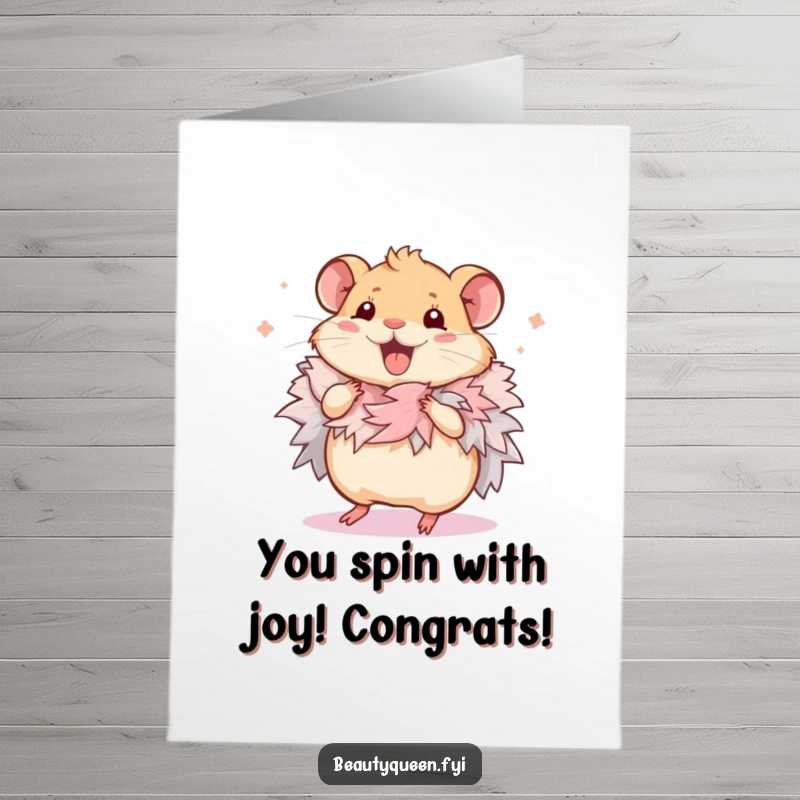 Funny free printable congratulations card: a happy hamster wearing a feathered boa, doing a little dance, pure celebration.