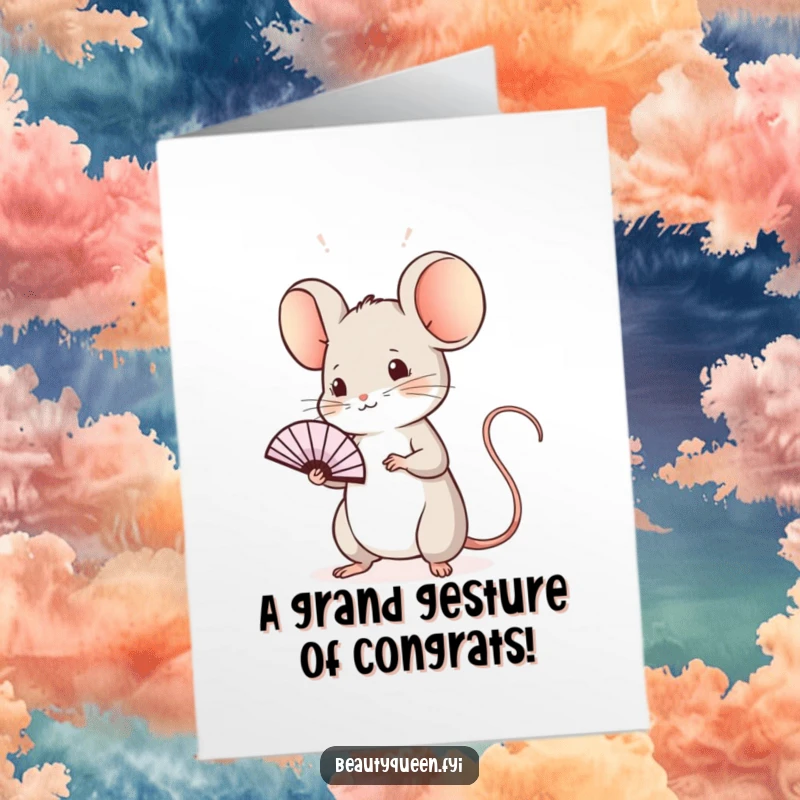 Funny Free Printable Congratulations Card: A sweet mouse offers a regal wave with a fan, congratulating them with downloadable art.