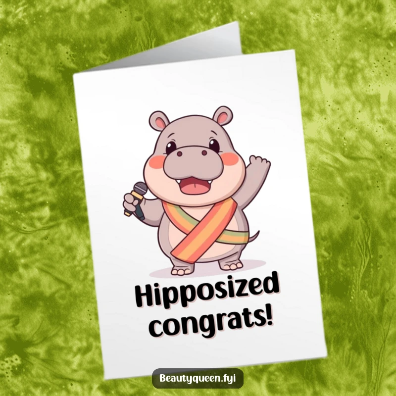 Funny Free Printable Hippo Congratulations Card: A hippo in a sash and microphone, waving and celebrating a big achievement.