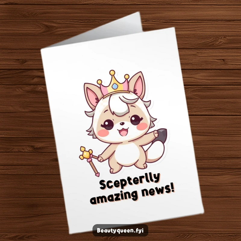Funny Free Printable Congratulations Card shows a smiling animal character with a crown, holding a scepter, celebrating a royal victory.