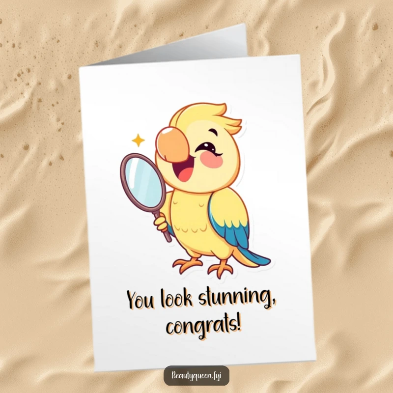 Funny Free Printable Congratulations Card: A joyful parrot smiles into a mirror, exclaiming congratulations with this downloadable art.