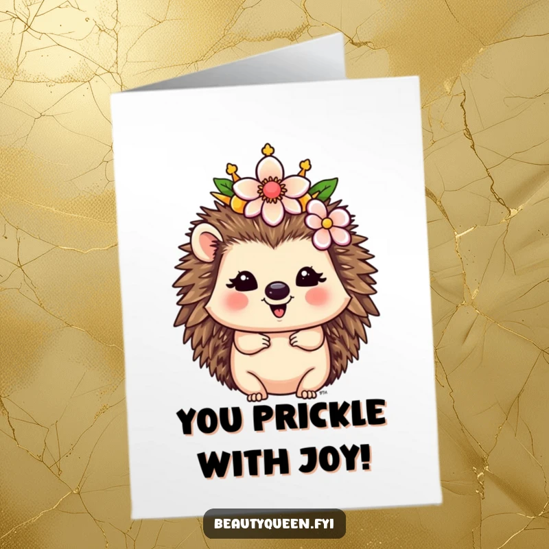 Funny Free Printable Congratulations Card: Happy Hedgehog queen adorning her crown with a flower, celebrating success.