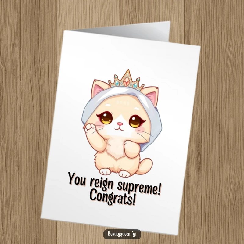 Funny free printable congratulations card: fluffy cat in a sparkly crown and veil, adjusting it with a paw, wedding humor.