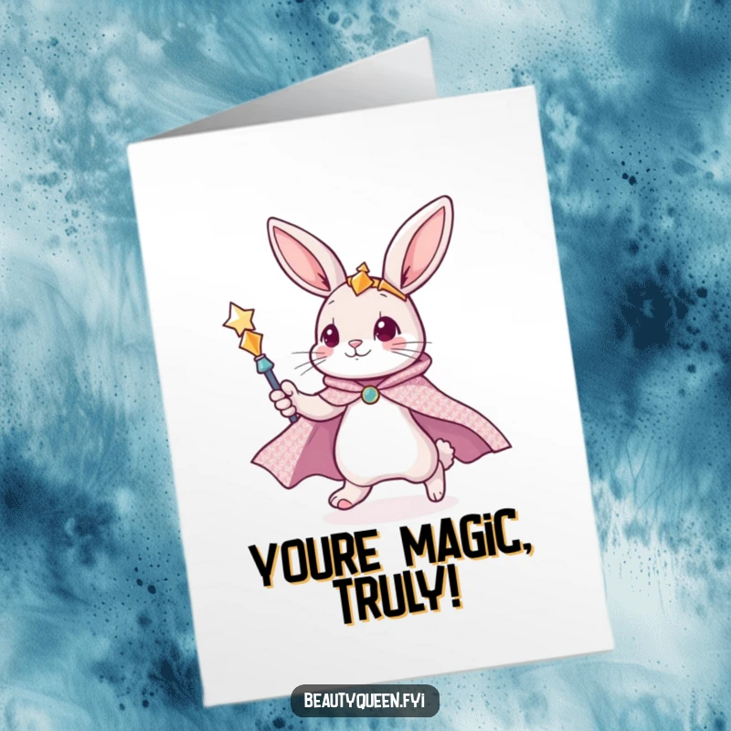 Funny Free Printable Congratulations Card: A cute bunny in a cape and with a scepter zooms joyfully, a humorous downloadable card for achievements.