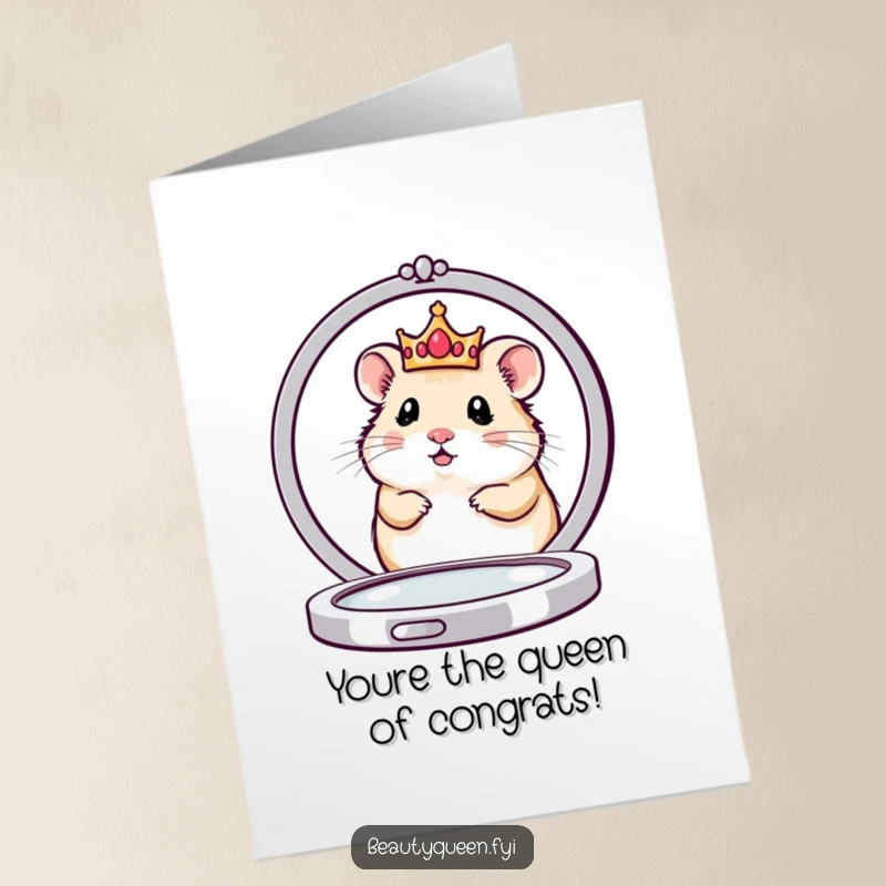 Funny Free Printable Congratulations Card: Cute hamster queen in crown peeking from behind a mirror, looking elegant and pleased.