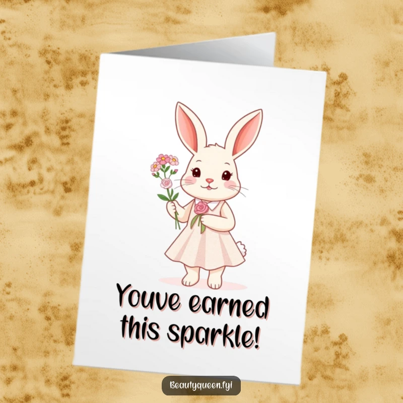 Funny Free Printable Congratulations Card: A rabbit in a sparkly dress presents a miniature bouquet to celebrate achievements.