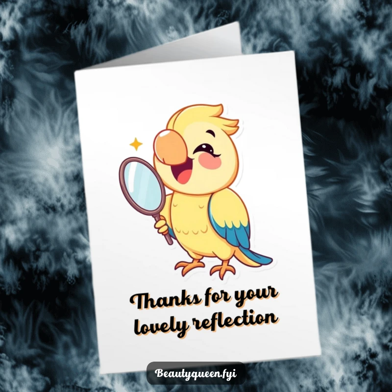 Funny Free Printable Thank You Card: A joyful parrot grins into a mirror, sending thanks with this colorful downloadable art.