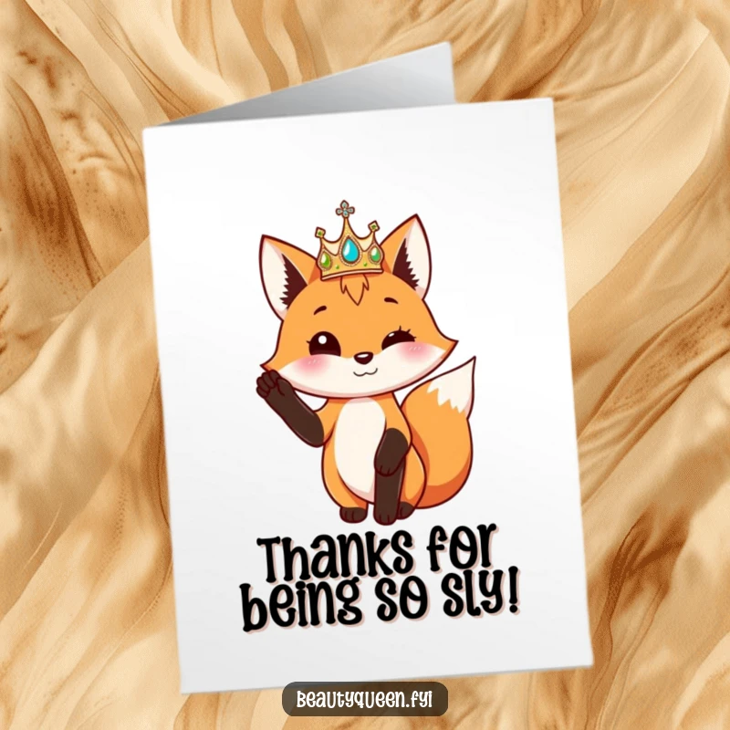 Funny Free Printable Thank You Card: A playful fox wearing a shimmering crown poses with one paw elegantly raised, saying thanks.