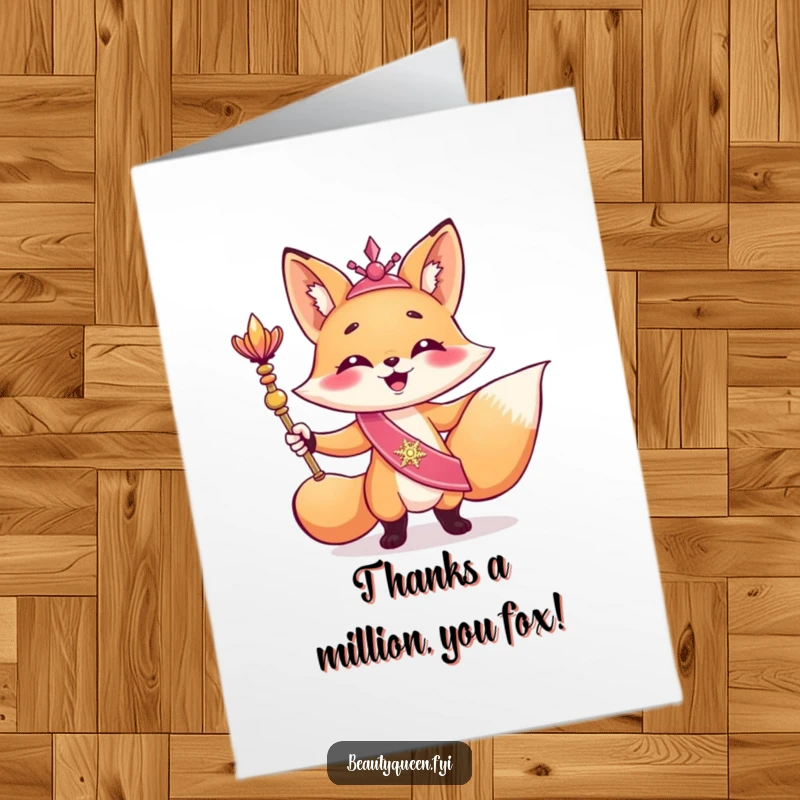 Funny Free Printable Thank You Card: Giggling fox in shimmering sash, holding scepter, striking a graceful, thankful pose.