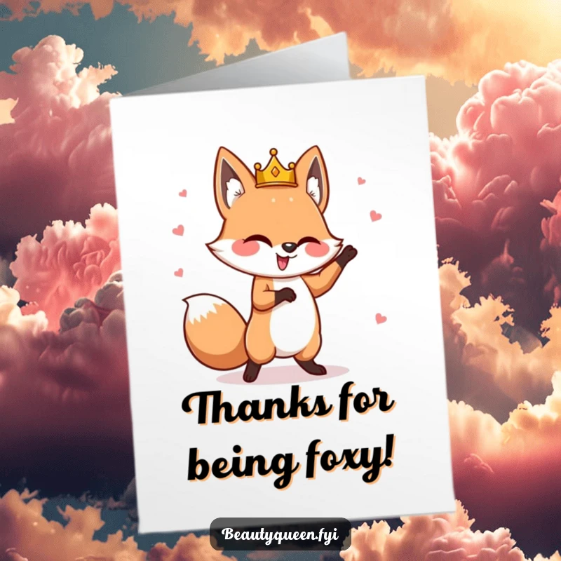 Funny Free Printable Fox Thank You Card: A goofy fox with a crooked crown dancing with gratitude.