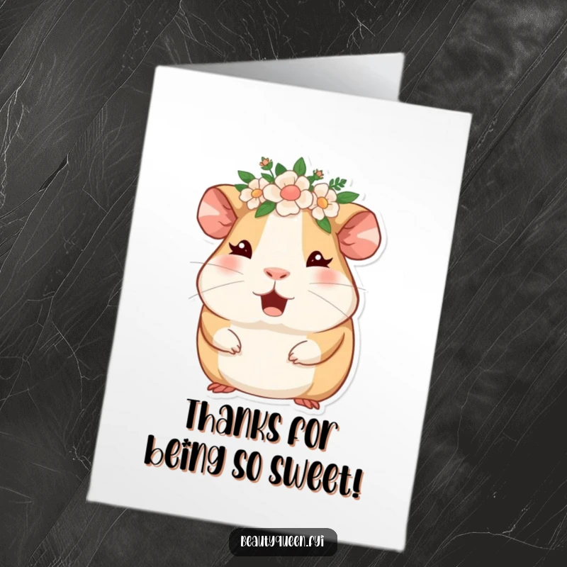 Funny Free Printable Thank You Card: A giggling guinea pig adorned with a floral crown winks enthusiastically, offering thanks with downloadable sweetness.