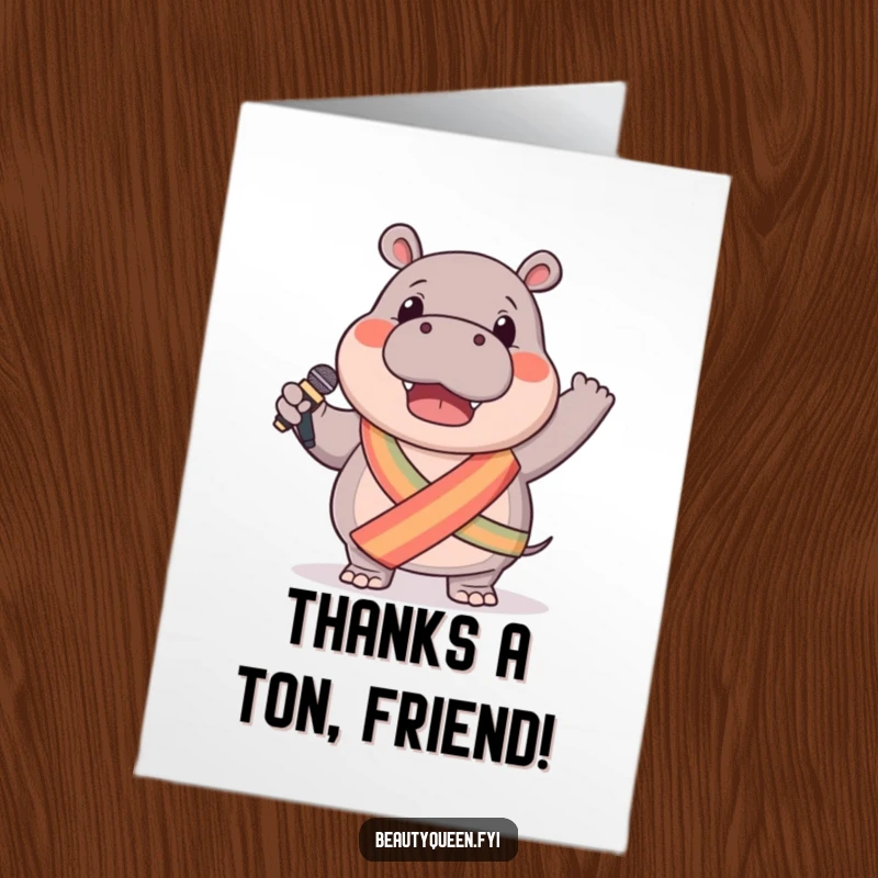 Funny Free Printable Hippo Thank You Card: A hippo wearing a sash and holding a microphone, waving thanks enthusiastically.