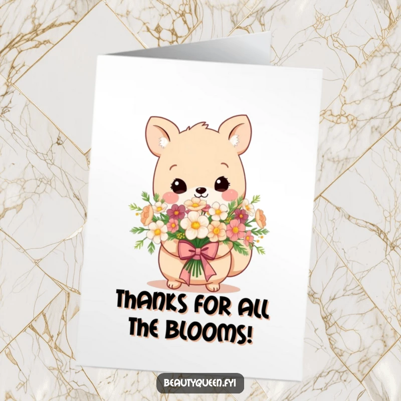 Funny Free Printable Thank You Card shows an adorable animal holding a flower bouquet adorned with a regal bow, offering thanks with style.