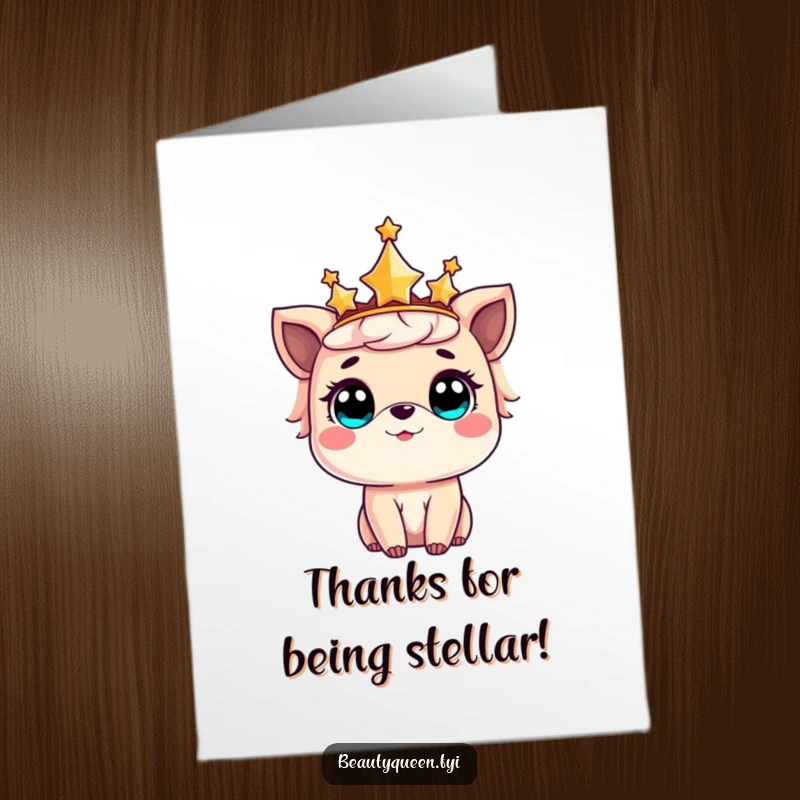 Free Printable Thank You Card: Sweet animal amazed, wearing a star crown, conveying delightful thanks.