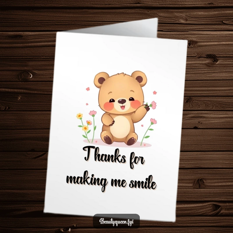 Funny Free Printable Thank You Card: A small bear cub clumsily juggles tiny blooming flowers, saying thanks adorably.